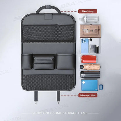 SEAMETAL 8 in 1 Car Seat Back Storage Bag – Foldable Tray, Waterproof & Wear-Resistant Organizer with Tissue & Cup Holder