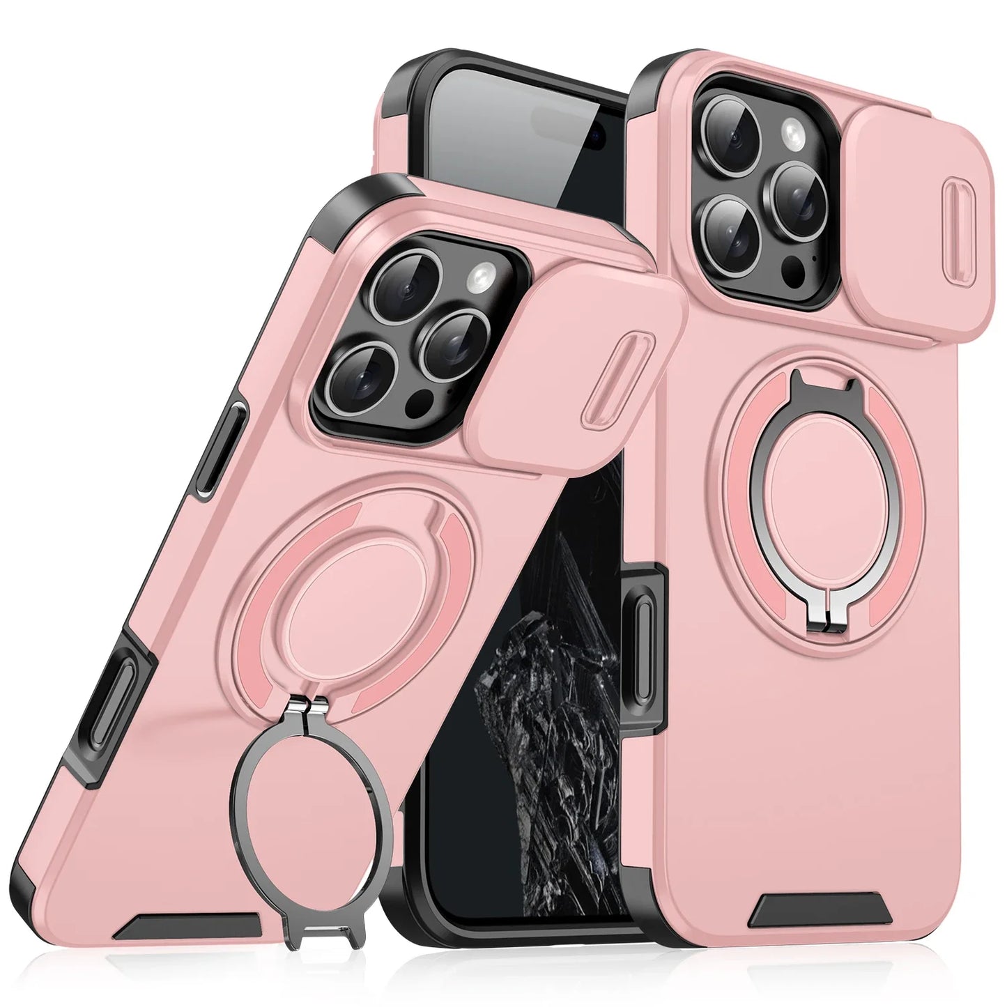 Heavy Duty Rugged Magnetic Ring Stand Case for iPhone 11–16 Pro Max Plus with Slide Camera Protection & MagSafe Compatible Cover