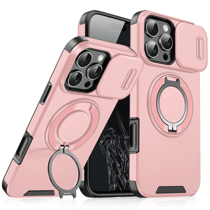 Heavy Duty Rugged Magnetic Ring Stand Case for iPhone 11–16 Pro Max Plus with Slide Camera Protection & MagSafe Compatible Cover