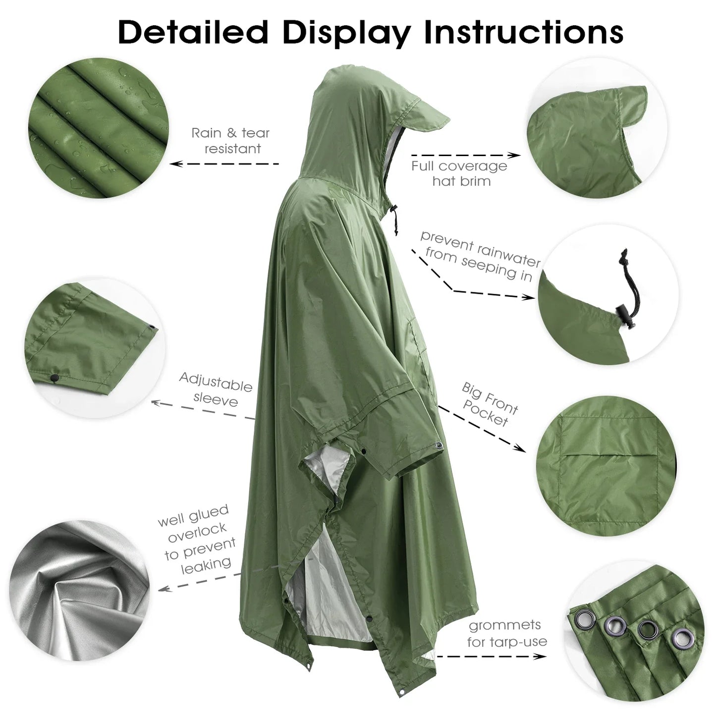 3-In-1 Outdoor Military Raincoat - Waterproof, Multipurpose Men's and Women's Poncho - Motorcycle Rain Gear and Picnic Mat