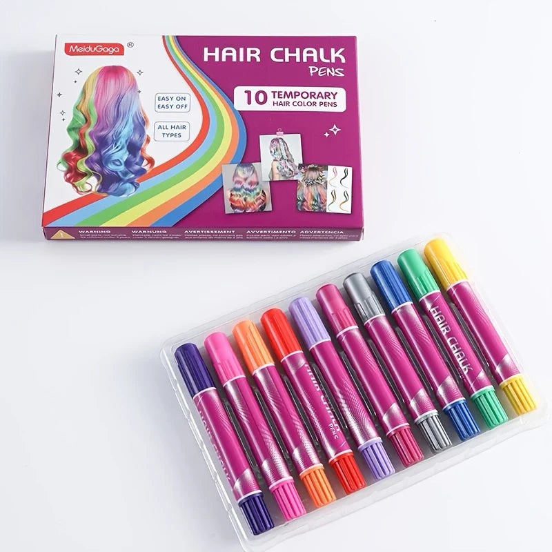 10-Piece Hair Chalk Pen Set – Temporary Washable Non-Toxic Hair Color for Festivals, Halloween & Parties