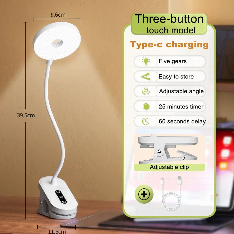 Clip-On LED Desk Lamp – Portable Book Light with Stepless Dimming, 1200mAh Eye Protection for Reading & Study