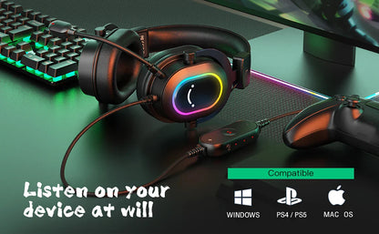 Fifine RGB Dynamic Gaming Headset — Over-Ear Mic Headphones with 7.1 Surround Sound & 3 EQ Modes for PC, PS4, PS5, Games & Music