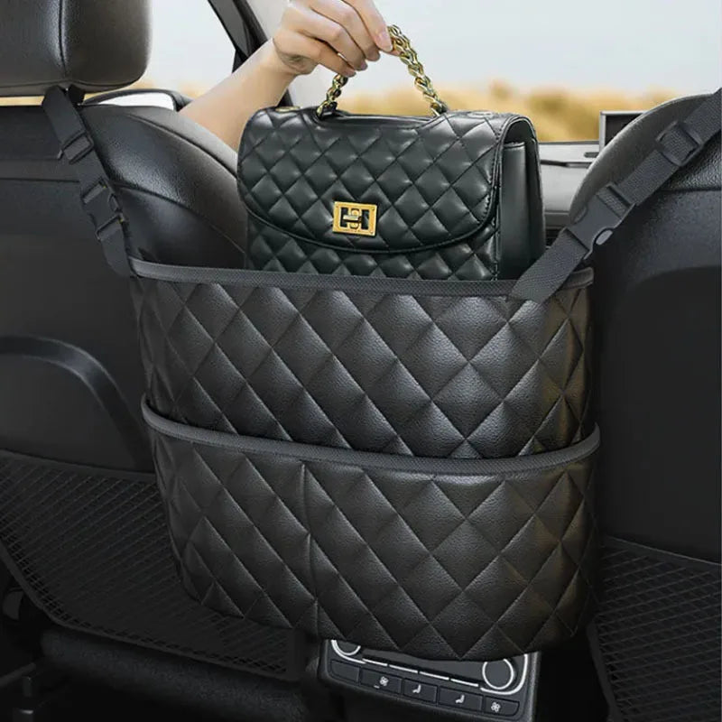 Large Capacity Car Middle Seat Storage Net - Leather Hanging Bag & Seat Back Organizer