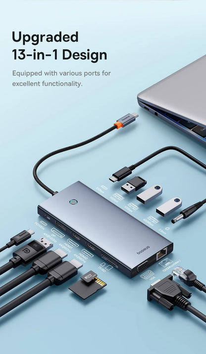 Baseus 13-in-1 USB-C Hub – HDMI, DP 4K 60Hz, RJ45, VGA, PD 100W, USB-A Adapter for MacBook & PC