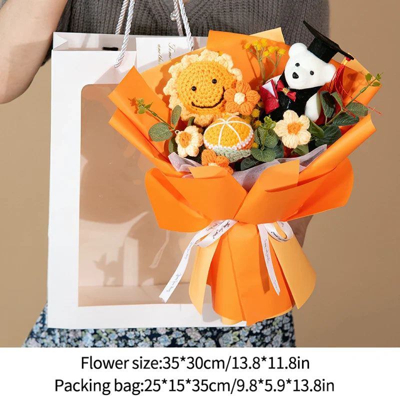 DIY Simulated Flower Bouquet – Crochet Sunflower Finished Product, Graduation, Doctoral, Valentine’s Day & Birthday Gift with Bear