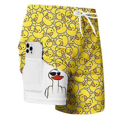 Men's Funny Duck Print Swim Shorts - Quick-Dry 2-in-1 Beach Board Shorts with Phone Pocket