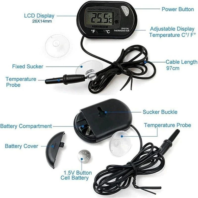 Digital Aquarium Thermometer with Probe – Suction Cup Water Temperature Gauge for Fish Tanks, Celsius (℃) Display