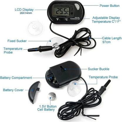 Digital Aquarium Thermometer with Probe – Suction Cup Water Temperature Gauge for Fish Tanks, Celsius (℃) Display