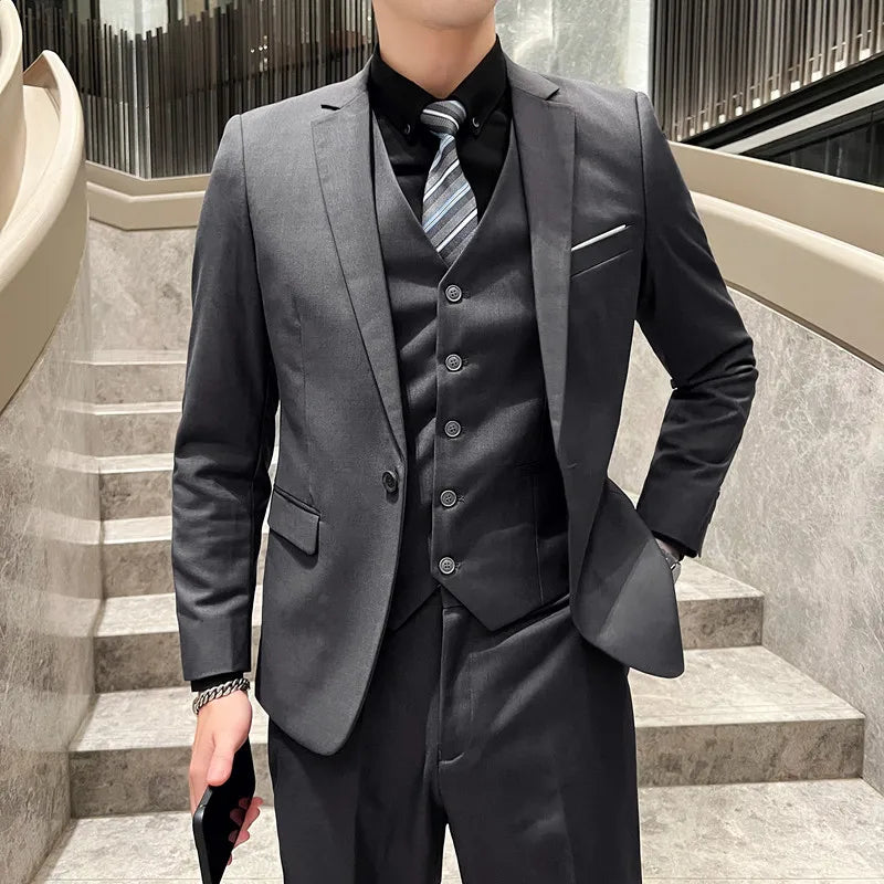 High-Quality Men’s 3-Piece Suit Set — Business Casual & Wedding Outfit (Jacket + Vest + Trousers), 2024 Fashion Banquet, Sizes S-6XL
