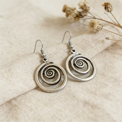 Ethnic Silver Round Spiral Dangle Earrings – Retro Geometric Metal Jewelry for Women Accessories
