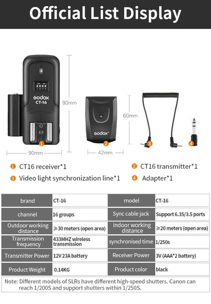 Godox CT-16 16-Channel Wireless Flash Trigger Transmitter & Receiver Set for Canon Nikon Pentax Studio Speedlite