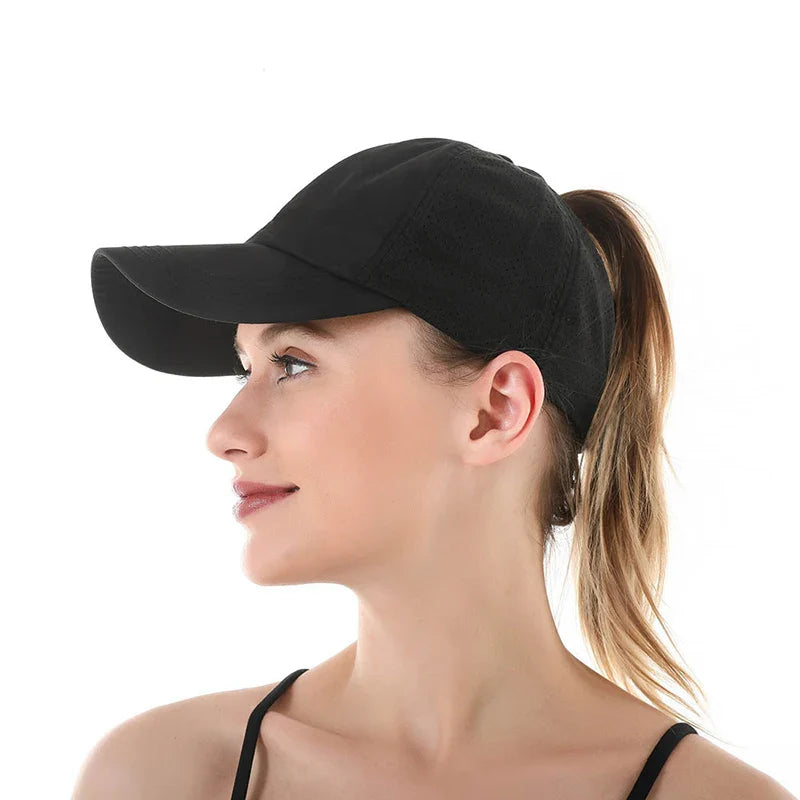 Summer Solid Color Baseball Cap – Quick-Drying Mesh Golf & Sports Hat for Women, Cross Ponytail Design, Men's Peaked Cap