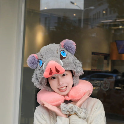 Cosplay Wild Boar Head Plush Hat – Hashibira Inosuke Anime Plush Headgear for Boys & Fans