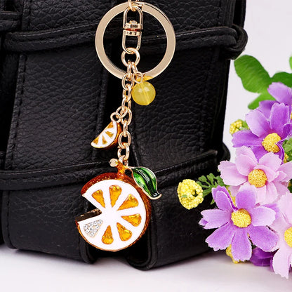 EASYA Vintage Imitation Fruit Charm Keychain – Lemon, Persimmon & Strawberry Glass Pendant, Luxury Jewelry for Women