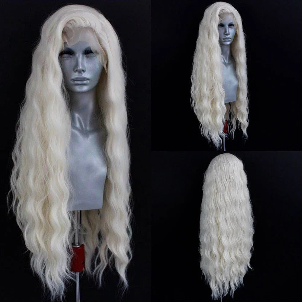 Platinum Blonde Wave Lace Front Wig – Long Synthetic Wigs for Women, Natural Loose Curl Cosplay in White, Black & Pink