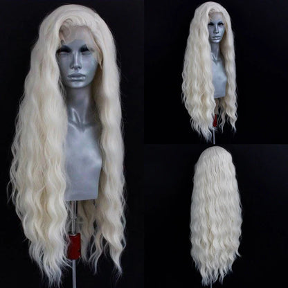 Platinum Blonde Wave Lace Front Wig – Long Synthetic Wigs for Women, Natural Loose Curl Cosplay in White, Black & Pink