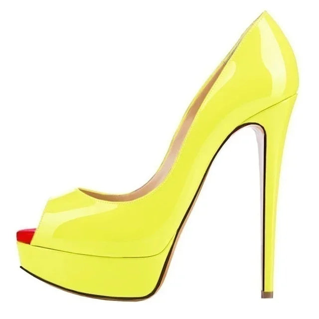Women’s Sexy Platform Peep Toe Pumps – 14cm Stiletto Patent Leather High Heels for Party & Wedding