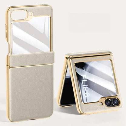 Electroplated Leather Case for Samsung Galaxy Z Flip 6/5 – Skin-Friendly Shockproof Hinge Cover with Tempered Film