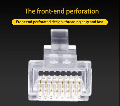 50 PCS RJ45 Cat6 Connectors — Unshielded Perforated Crystal Head for Network Cables