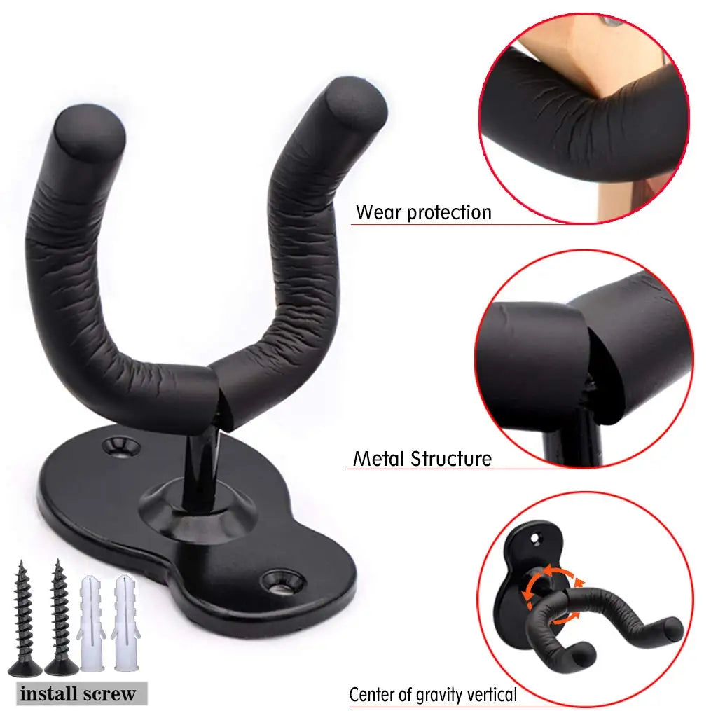 Guitar Wall Mount Hanger - Black Metal Hook for Acoustic, Electric, Bass Guitars - Wall Hook Holder