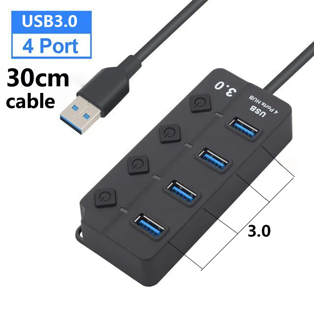 USB 3.0 Hub — 7-Port High-Speed Splitter with Power Adapter, Switch & Long Cable Expander