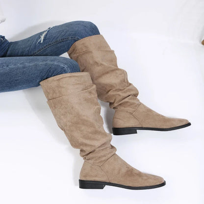Women's Knee-High Winter Boots – Solid Color, Round Toe, Square Heel, Plus Size