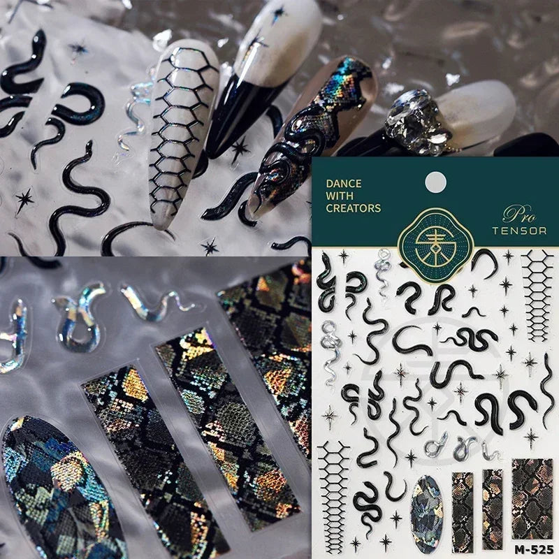 5D Gold Stamped Nail Art Stickers - Silver Sun Stars Snake Chinese Style Self-Adhesive Manicure Decals