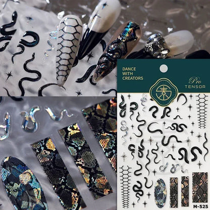 5D Gold Stamped Nail Art Stickers - Silver Sun Stars Snake Chinese Style Self-Adhesive Manicure Decals
