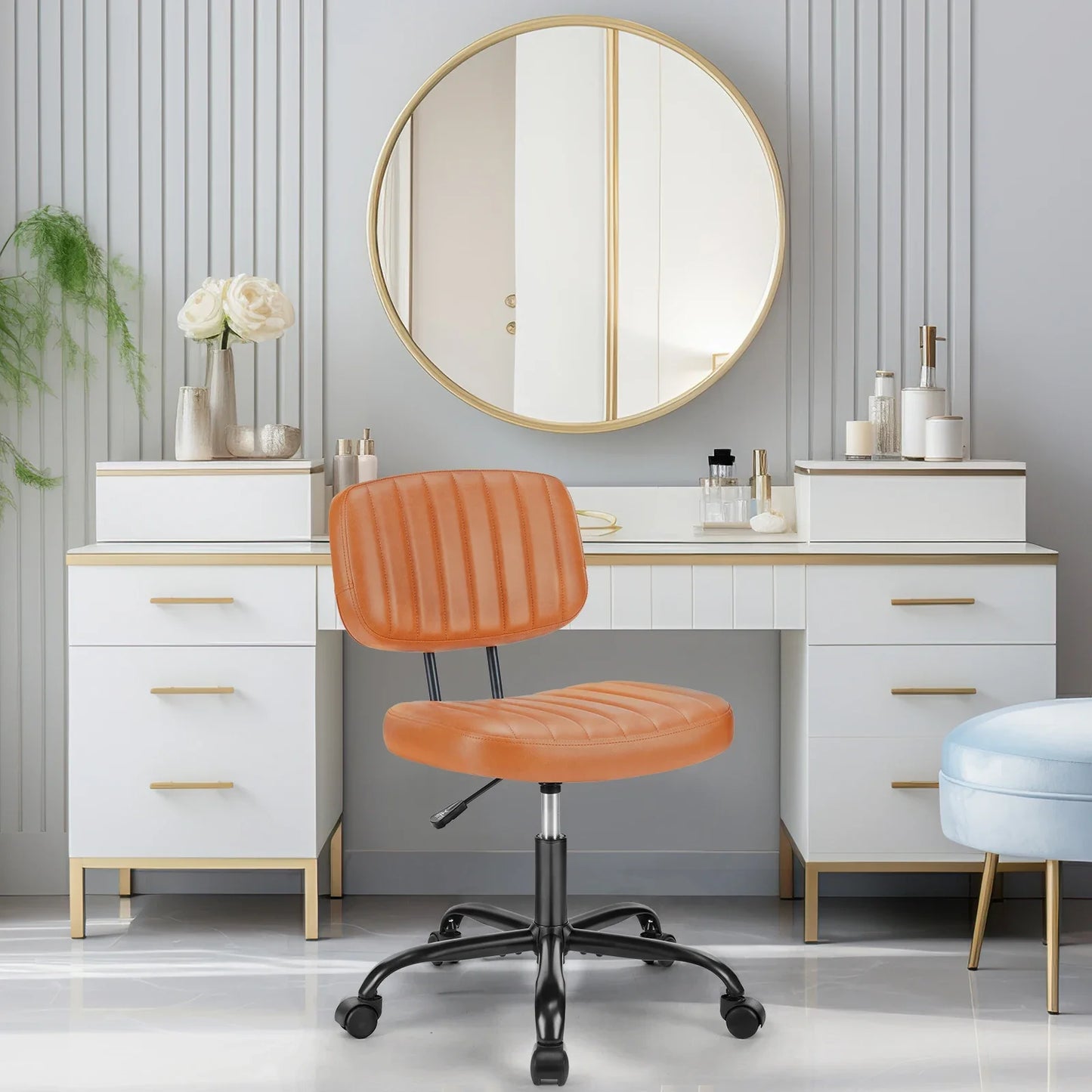 Armless Office Desk Chair – Height Adjustable PU Leather with Lumbar Support & 360° Swivel Wheels