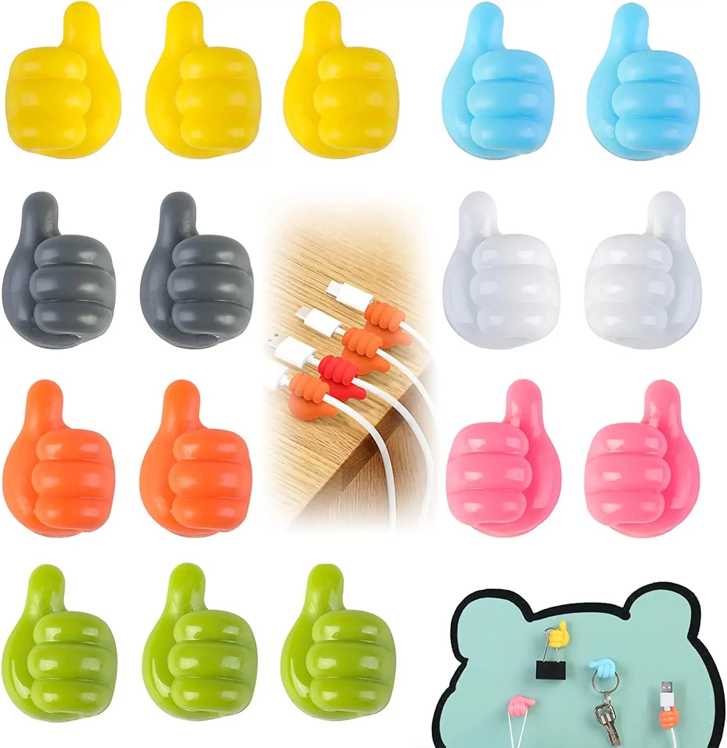 10Pcs Self Adhesive Wall Hooks | Creative Silicone Thumb Key Hanger | Home Office Desk Organizer | Data Cable Clip Wire Holder