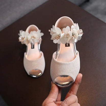 Girls Rhinestone Flower Pumps - Low Heel Princess Wedding & Party Dress Shoes for Kids
