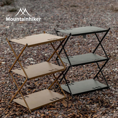 MOUNTAINHIKER Three-Tier Folding Rack – Portable Outdoor Storage Shelf for Camping, Picnic, BBQ & Garden Use