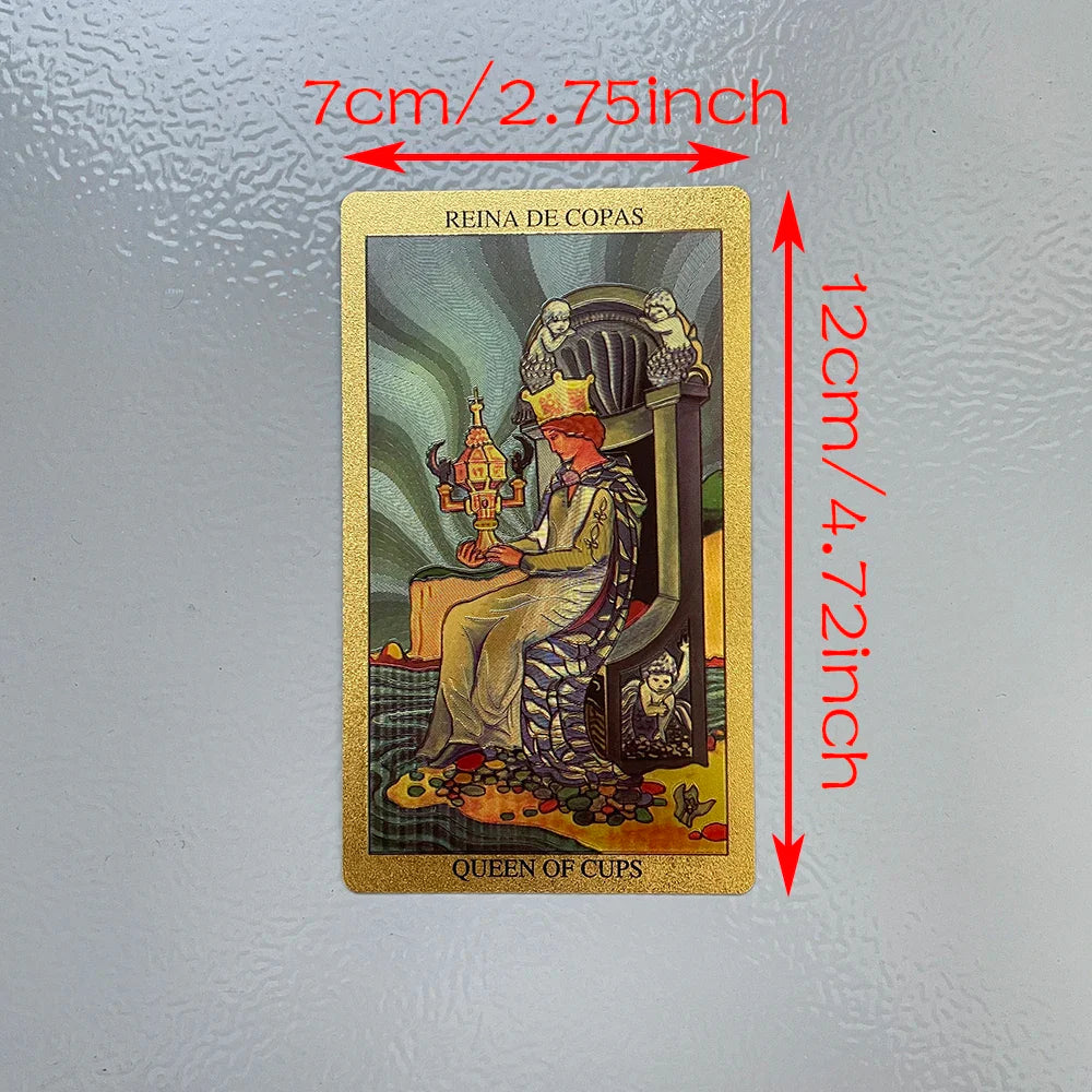 Spanish & English Golden Foil Tarot Deck – 12x7cm Prophecy Cards for Beginners with 2-Language Guidebook