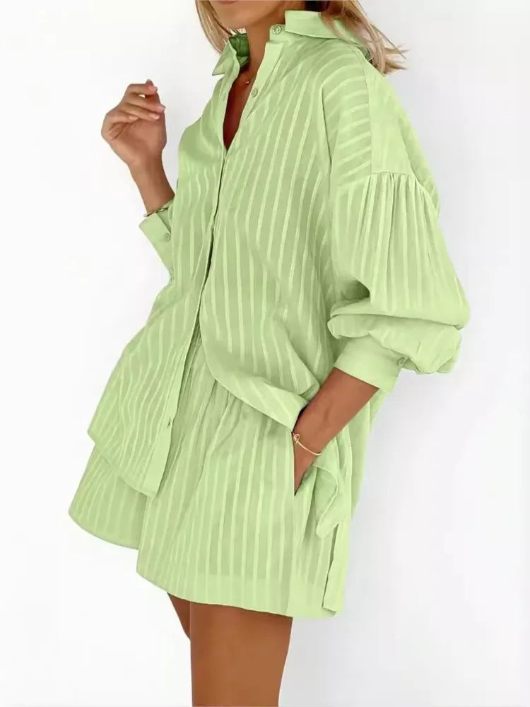 2024 Women’s Two-Piece Set – Solid Cotton Stripe Long Sleeve Shirt & Shorts, Spring/Summer Casual Outfit