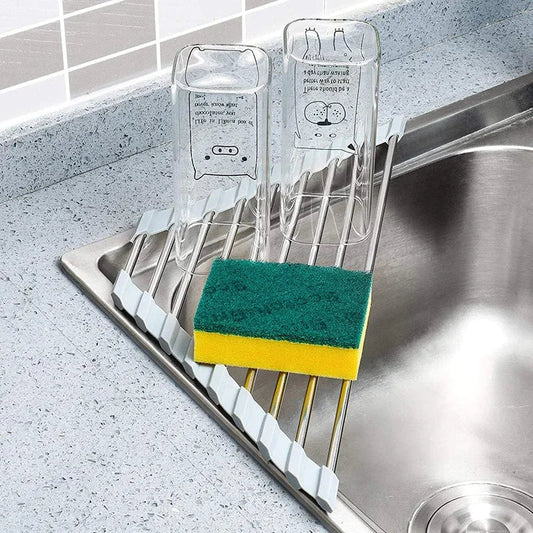 Roll-Up Triangle Dish Drying Rack – Foldable Stainless Steel Kitchen Sink Organizer, Sponge & Rag Holder