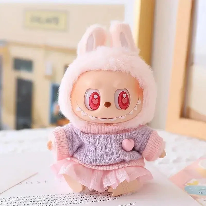 Mini Doll Clothes & Accessories — 15–17cm Labubu & 10cm Cotton Doll Outfit, Pink Hoodie & Yarn Skirt (No Doll)