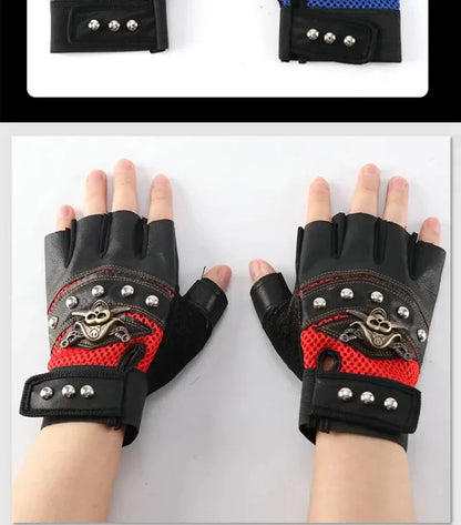 Pirate Skull PU Leather Fingerless Gloves for Men & Women – Hip Hop, Gym, Moto Half-Finger Mitts with Rivets