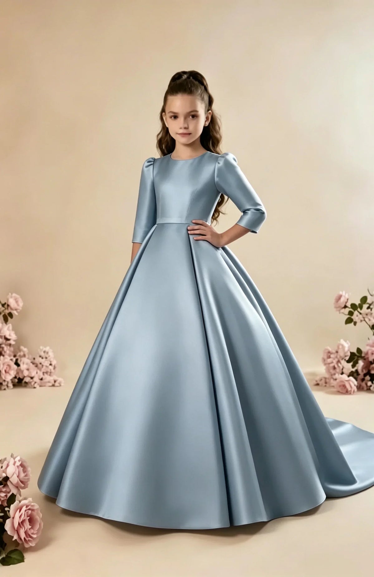 Girls First Communion Satin Dress - Long Sleeve A-Line Princess Gown for Weddings & Parties