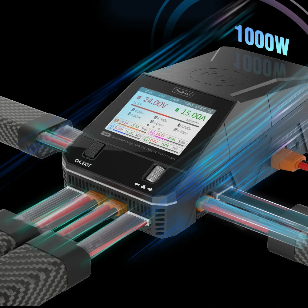 ToolkitRC Q6AC Charger AC 400W/DC 1000W 4-Channel with 65W USB & 15W Wireless Charging for LiPo NiMH PB Batteries