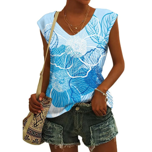 Women’s Floral Print T-Shirt - V Neck Cap Sleeve Loose Fit Summer Beach Top with Breathable Casual Style