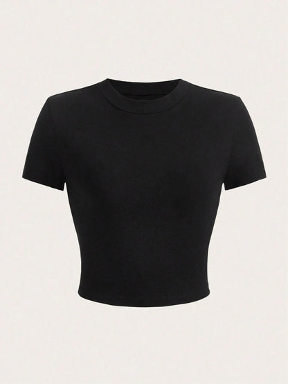 Y2K Women’s Solid Cotton Crop Top – Short Sleeve, High-Elastic O-Neck T-Shirt for Summer Streetwear & Sporty Fashion
