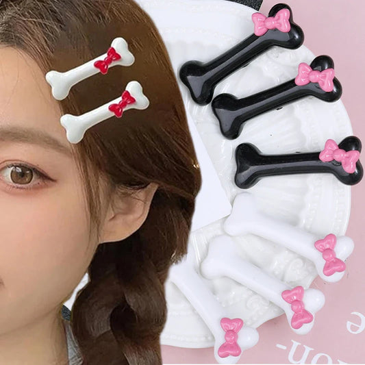 Kawaii Bow Dog Bone Hair Clips – Cute Black & White Bone Hairpins for Girls, Duckbill Barrettes Accessories