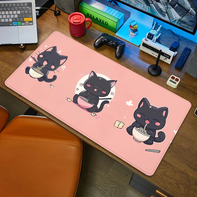 Black Cat XXL Mouse Pad 90x40 — Large Kawaii Black & White Desk Mat for Computer and Office