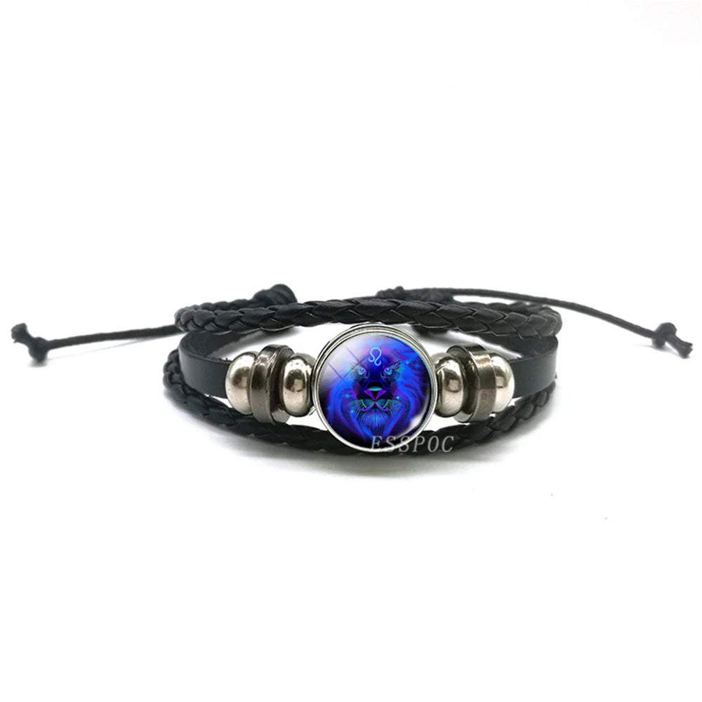 Men’s Zodiac Sign Leather Bracelet | 12 Constellation Black Braided Wrap | Punk Style Multilayer Bracelet for Birthday Gifts