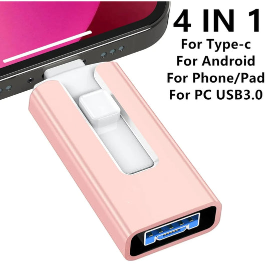 USB 3.0 Flash Drive – 512GB, 256GB, 1TB, 2TB for iPhone, 4-in-1 Interface, Micro & Type-C Pendrive for iPhone 7/8/9/11/12/13, iPad