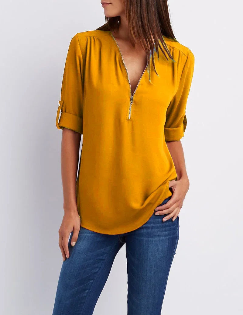 Women’s 2025 Hot Sale Loose Chiffon Blouse – Deep V-Neck Casual Top with Zipper Pullover Plus Size