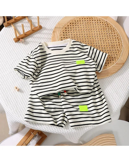 2PCS Kids Summer Outfit – Cotton Short Sleeve Tee & Shorts Set for Boys, Black & White Stripe
