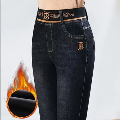 Women's Winter Velvet Stretch Jeans - High Waist Warm Skinny Mom Denim Trousers