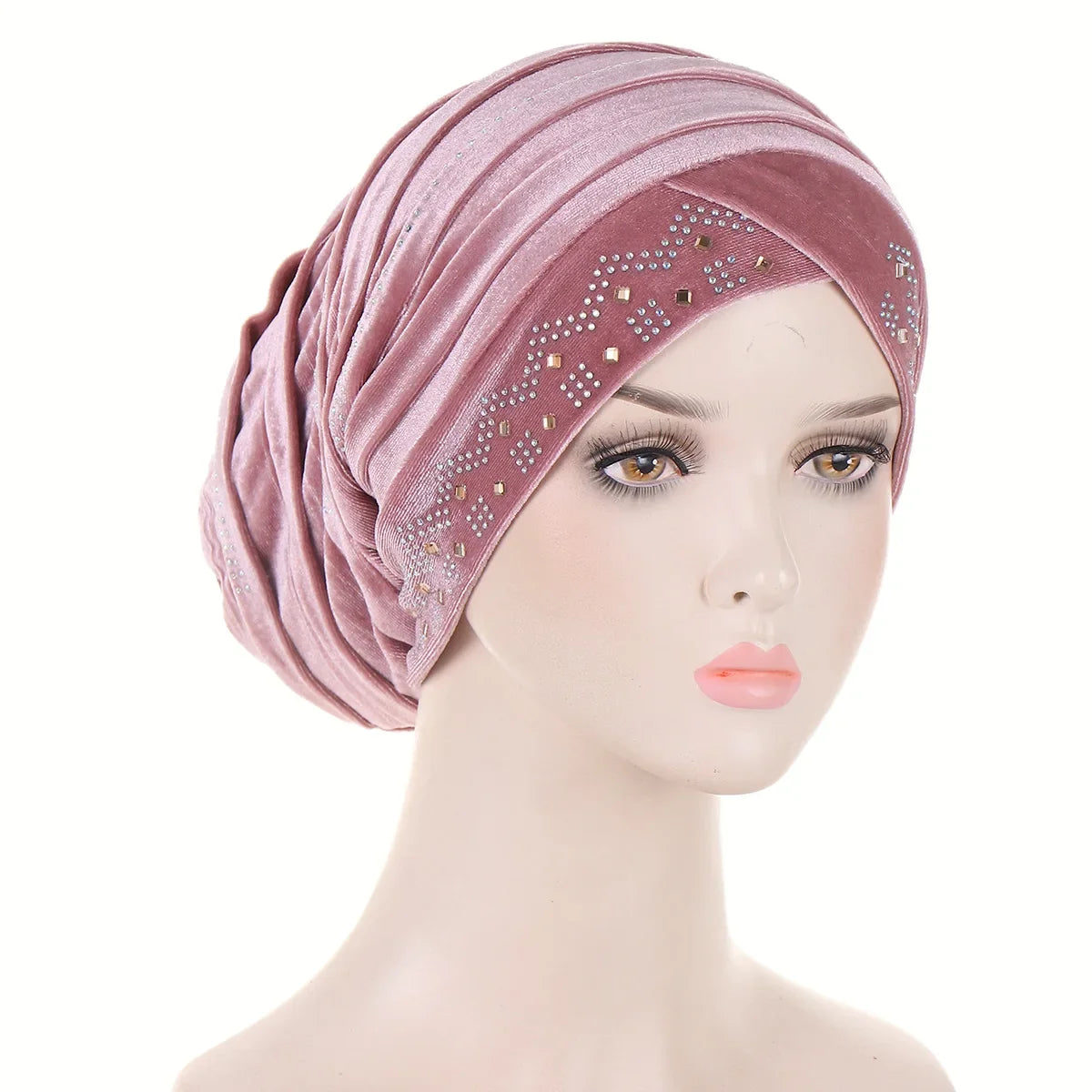 Women’s Glitter Diamond Turban Cap - Soft Velvet Pleated Head Wrap Muslim Headscarf Bonnet Beanie Cap